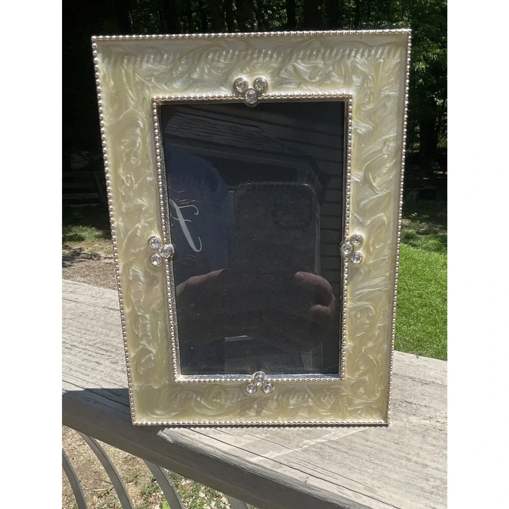 Ornate Gold Pearlized Picture Frame 4 x 6 Rhinestone Accents Hollywood Regency